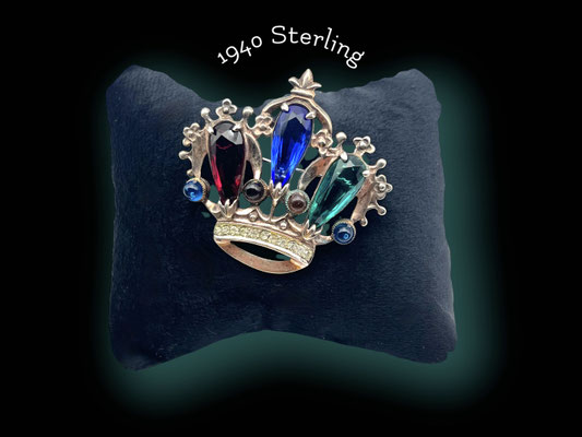1940s Vintage Sterling Silver and Glass Rhinestones Royal Crown Brooch - Art.614/7