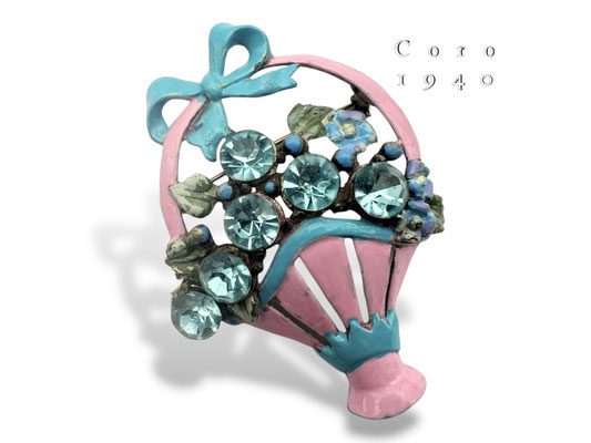 Early Coro rare Flower Basket Brooch - Pink and Blue w/sparkling Aqua blooms - A rather rare piece of Coro's collectible jewelry-art.425/7