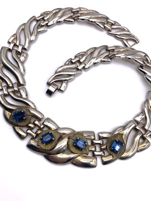 1960s Modernist Etruscan style inspired Ornate silver tone large Linked & blue night stones Choker Necklace  -Art.297/4-