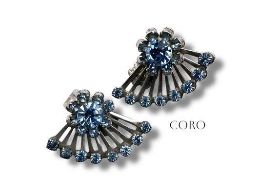 CORO Patented Katz design spray fan w/flower design earrings - beautiful blue sky crystals and refined line - Collectible--Art.407