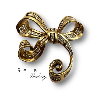 REJA Sterling amazing large curly bow brooch 1940's -  sparkling clear stones and gold plated ribbons - rare Reja Brooch - Art.480/7