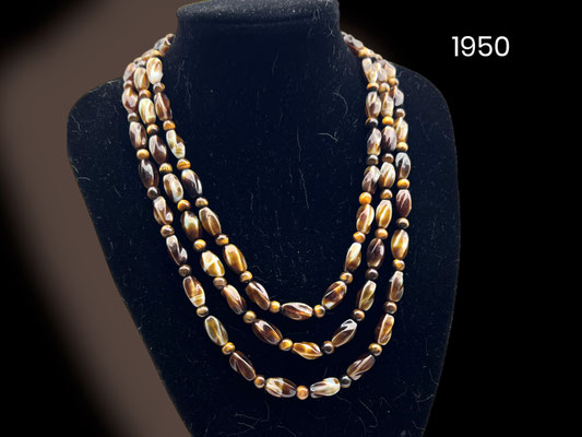 Awesome 3 strand Art Glass Venetian Beads & Tiger's eye beads cascade Necklace - striped pattern in yummy color w/ornate clasp -Art.957/6