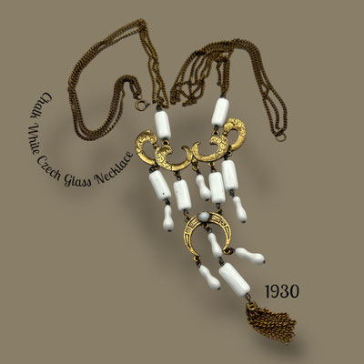 Antiques 1930 Czech Tassel Pendant Vintage Necklace - with white chalk glass beads in original Bohemian Czech jewelry design -art.303-