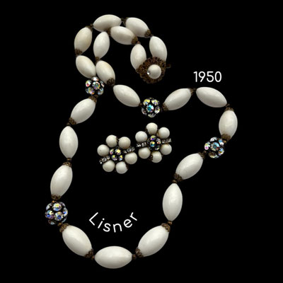 Vintage Lisner Lucite White Beads Aurora Borealis Spacer Necklace & Earrings Set -Art.391/7