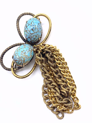 1930s Art Glass turquoise brooch with long dangle gold tassel - ancient good quality enchanting piece    -Art.271/4-