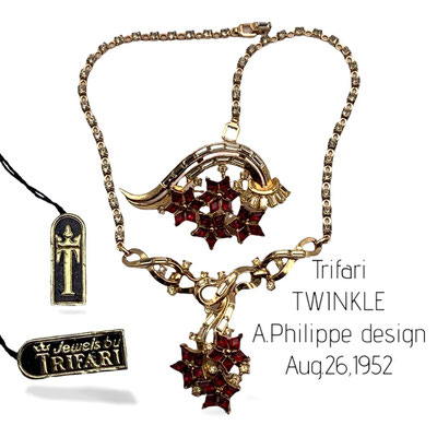 Crown Trifari 1952 "Twinkle Star" Designed by Alfred Philippe, Gold Tone w/red ruby & clear Rhinestone Necklace - Book Piece, Ad Pc- a335/6