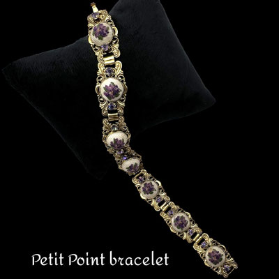 Vintage PETIT POINT violets Bracelet Dainty Feminine with dazzling violet crystals- exquisite Petit Point Embroidery - art.508/7