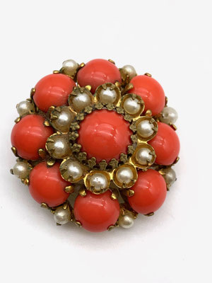Ancient European 40s brooch pink salmon coral and small pearls  -Art.893/3-