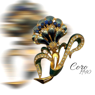 Vintage CORO Large figural flower brooch - Rhinestone & Enamel Cornflower Pin - collectable piece -- art.313/6