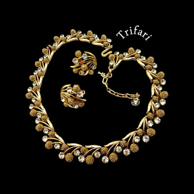 1960s Vintage Trifari Berry and Leaf Rhinestone Necklace & Earring Set- amazing and rare crown Trifari set - art.660/7