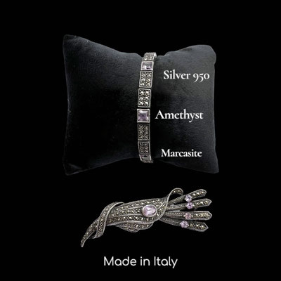 1960s Italian Sterling mark bracelet and brooch set  -clear unfoiled Amethyst crystals accentuated by Shimmering marcasite-Art.493/7