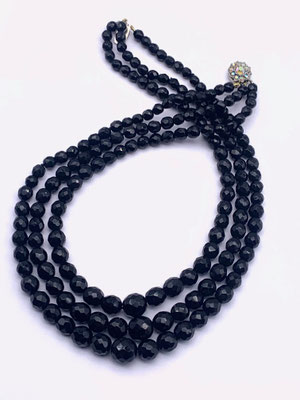 Black Faceted Glass Bead Triple Strand Necklace - bright AB crystals clasp - total black Vintage chic style --Art.716/5