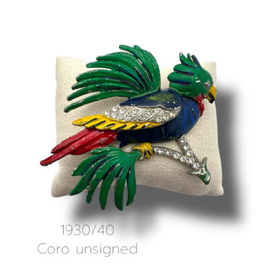 1940s vintage colorful Bird of Paradise brooch - heavy casting, accented with multicolor enameling and  large oval faceted blue stone -730/6