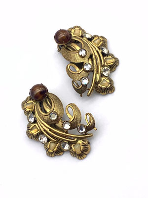 Old European Rhinestone Crystal Art Glass floral Crescent Climber Earrings  -Art.107/4-