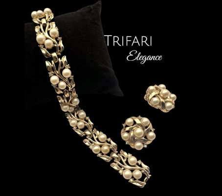 Trifari Gold-tone and Faux Pearl w/tiny crystal Flower & Leaf Bracelet and Patented earrings set -gorgeous collector's set -art348/7