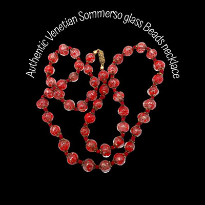 Vtg Murano Venetian 1strands Glass Sommerso Red & gold Aventurine Bead Estate Necklace-antique Italian treasure-art.534/7