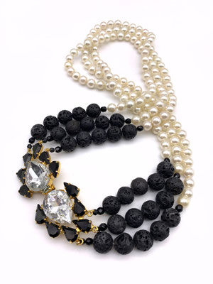 Amazing three-strand necklace simulated pearls and black lava stones beads - Fabulous  large crystal clasp - 1970s italian couture  -Art.952/3-