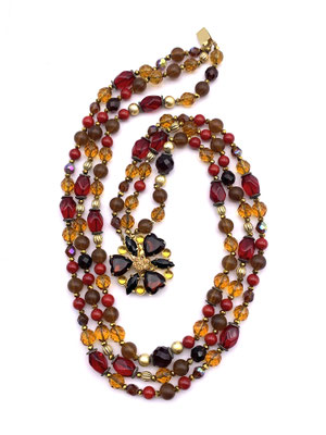 Three strands glass beads autumn colors necklace - 1960s mix shape with red, garnet, topaz, amber and gold colors - Art.372/6