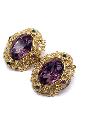 Gorgeous earrings 1960 Italy - gold, crystals and sensational purple cabochons -high quality -Art.473/3