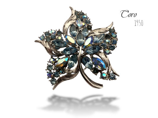 Coro Maple Leaf Pin Brooch Silver tone bright Baby blue stones - layered Leaf brooch, exquisite design by Coro - Art.792/6