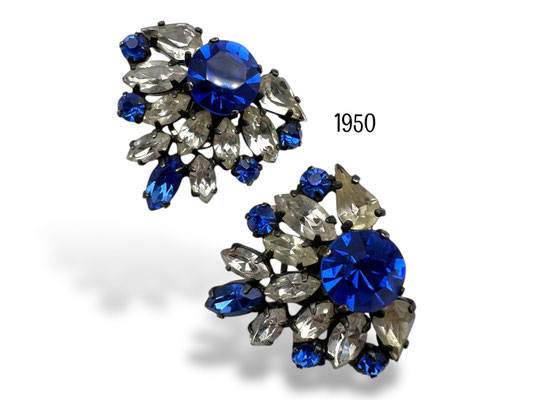 Fantastic Bold & Beautiful  Capri Blue and Clear vintage clip-on earrings -- late 1950 glamorous beauty -art.309/7
