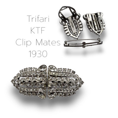 1935 Rare Vintage Trifari Alfred Philippe KTF Clip Mates Diamante Rhinestone Double Prong Clip Brooch-Art.486/7