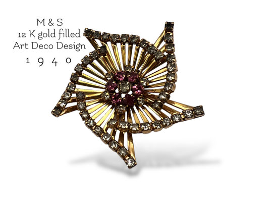 M&S for Phyllis 12K GF convertible Brooch/Pendant - Art Deco floral design 12 K Gold filled, pink and gray rhinestones- art.908/6