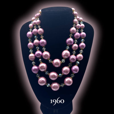 3 strands lovely cyclamen color Japanese cotton Pearls necklace with sparkling AB crystal beads and amazing wired clasp - Art.537/7