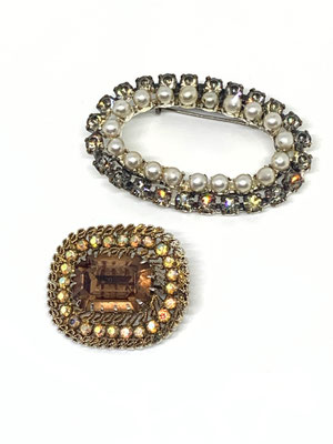 Stunning 1940/50 Brooches - Antique European brooches - simulated pearls w/dazzling crystals -2 brooches/pins for collector-art.605/3