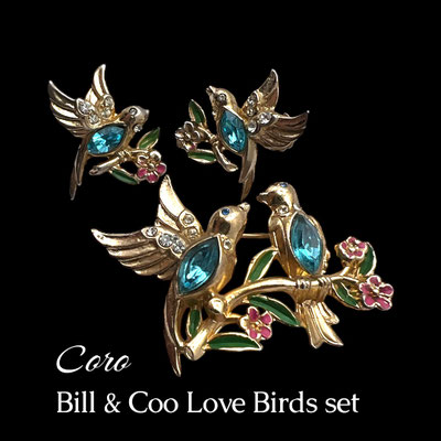 Coro Bill & Coo Birds A. Katz Book Piece - Brooch and Earrings rhinestone  and  enamel- Lovebirds set--art.581/7