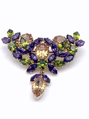 1950s Vintage High End Rhinestone Dangle Brooch - radiant chatons in Violet, Peridot green and Amber - art.226/5