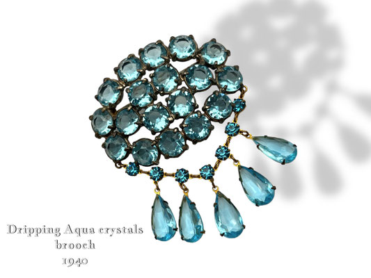 Edwardian-era inspired brooch Shining Aqua top quality unfoiled crystals drop dangles & round -Simply Striking old European brooch-Art.904/6
