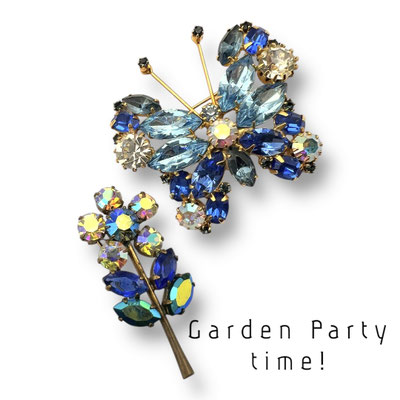 Vibrant  butterfly & flower  Brooches with excellent Austrian quality stones - 1950 two collectible pieces - Art.848(2