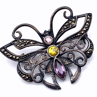 Ancient brooch 1940 - silver with genuine marcasite, amethyst, citrine and quartz rose stones - butterfly precious signed-Art.479/2
