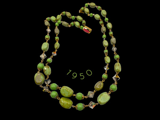 Lovely European old two strands cascade necklace green speckled pebble stones and  AB luster -  Sparkling AB rhinestones clasp - Art.319/7