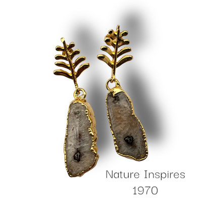 Stalagmite Slice Earrings, 1970 nice farm leaf with natural stone pendant Earrings, Stone Statement Earrings - Art.407/7