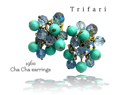 Vintage Trifari clip on cha cha earrings blue ab glass crystal & Turquoise beads -Design Danglers Clip On Style High End Designer- art.744/6
