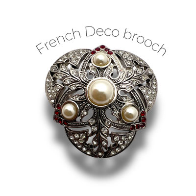 Early 50s French Deco design with pearl and crystals on elegant shaped brooch -  old European brooch for retro bride - Art621/7
