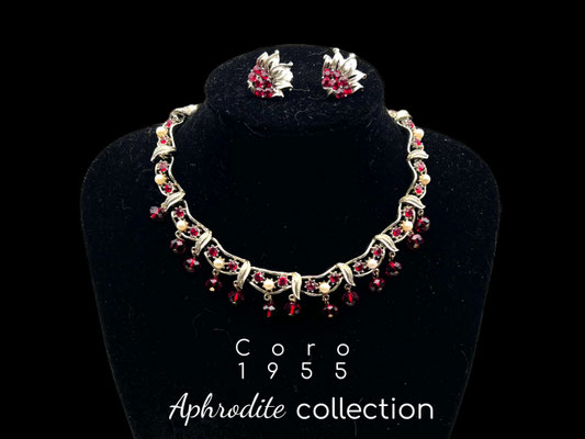 Lovely CORO red rhinestones with pearls necklace w/dangle beads & earrings set - Adorable mid-century Aphrodite collection - Art.878/6