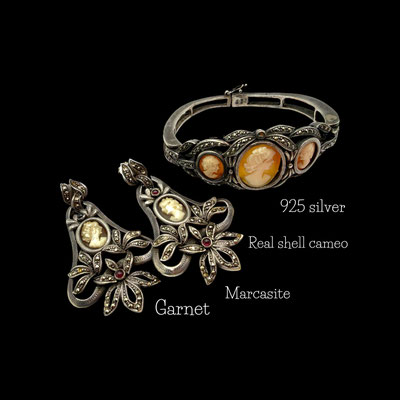 Victorian Romance sterling set bracelet and earrings w/marcasite, garnet and real cameo - Art.645/7