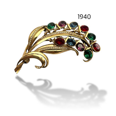 Very large golden bouquet brooch with bright oval crystals in precious stone colors, inspired by Mughal jewelry - Art.450/7