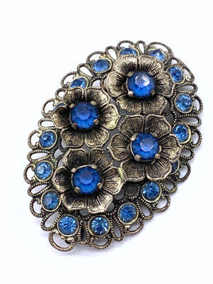 Antique 1940s deep blue Czech Rhinestones Brooch Pin - Dazzling flowers on ancient Victorian brooch - art.961/2 