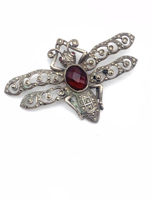 Antique 1910 Italian Victorian Brooch large Insect Butterfly Figural Pin marcasite and Garnet on 925 silver sterling -Art.579/4-
