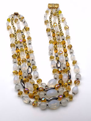 Super bright 5-strands egg white, amber and AB glass beads cascade necklace- many fancy shaped beads for a impressive look-Art.108/5
