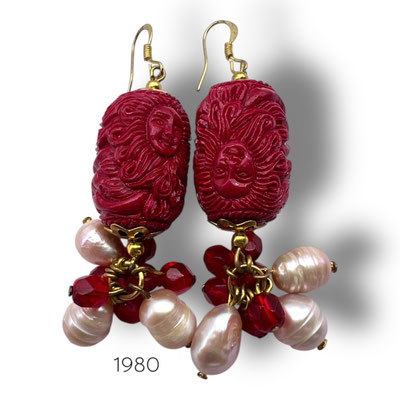 1980 eye-catching vivid Red color engraved beads w/red crystal beads and genuine baroque pearls dangling earrings -A.234/7