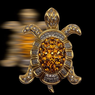 Rare VOGUE BIJOUX figural Turtle BROOCH pin - high quality w/Topaz stones and Clear in a chunky large Sea Turtle design -art-68/6