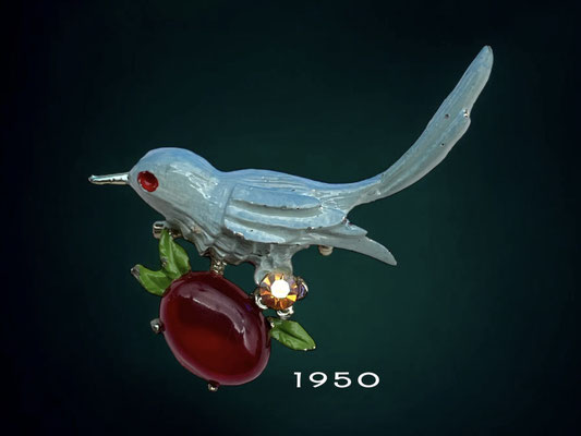 Darling BIRD on a Branch Enamel AB Rhinestone and unfoiled glass cabochon unsigned Figural Pin Brooch - art.243/7
