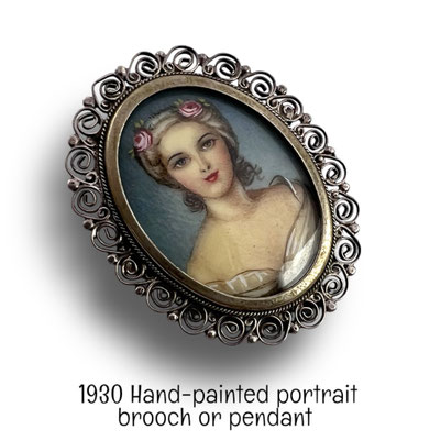Antique gouache vellum miniature beautiful woman lady portrait painting oval 800 silver frame, brooch or pendant - Art.458/7