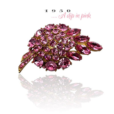 Superior intense pink sparkles, large leaf design Brooch w/luscious pink stones - 1950s UK origin - to collection - Art.604