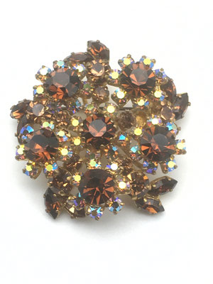 Mid-Century French amber & topaz crystals brooch - layered pin with blazing AB rhinestones set on goldtone setting -Art.277/5